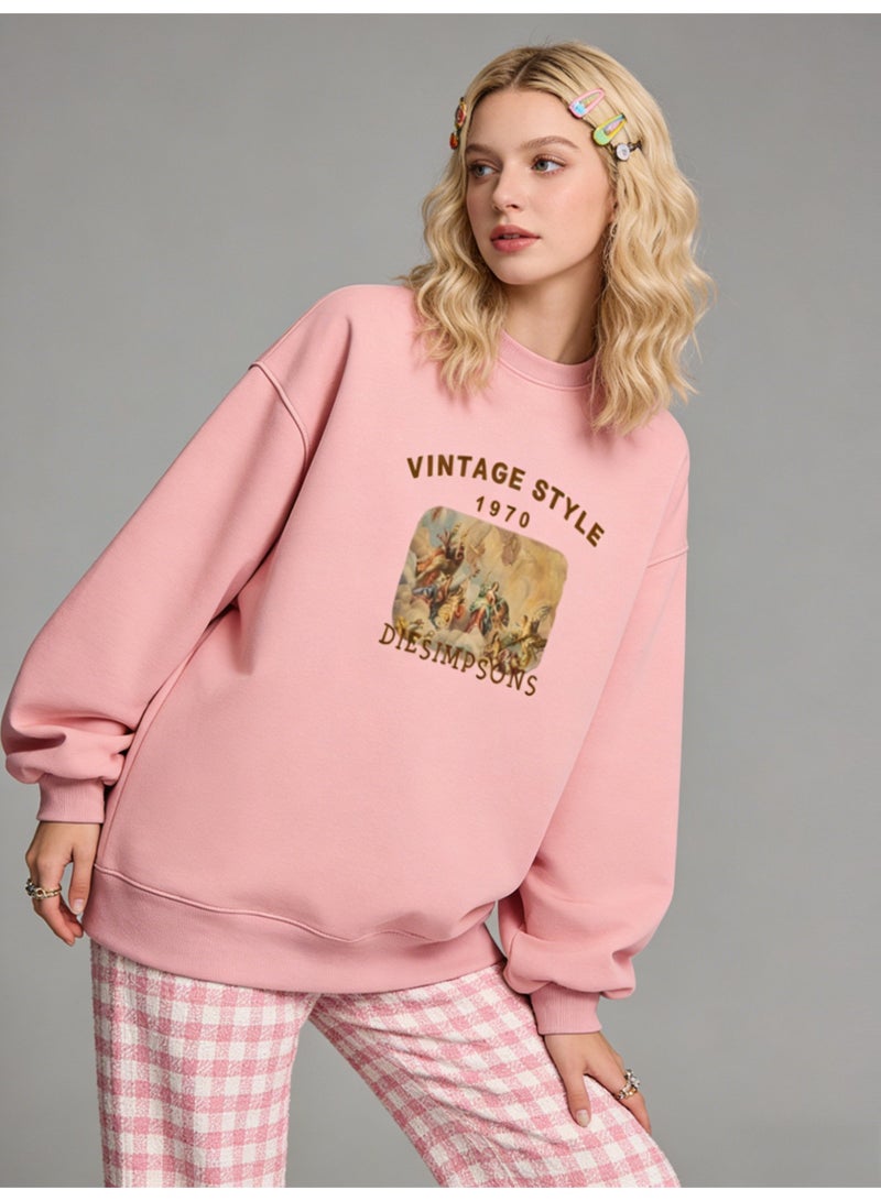 BM INS Dusty Pink "VINTAGE STYLE 1970" Art Painting Oversized Crew Neck Sweatshirt | Unisex Pullover With "DIE SIMPSONS" Print - Image 4